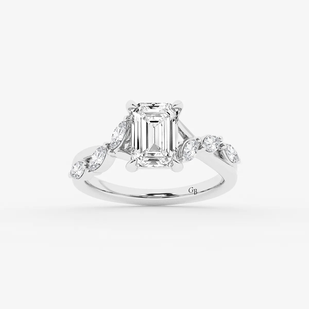 Emerald Cut Solitaire Engagement Ring   Scattered Round Diamond Band