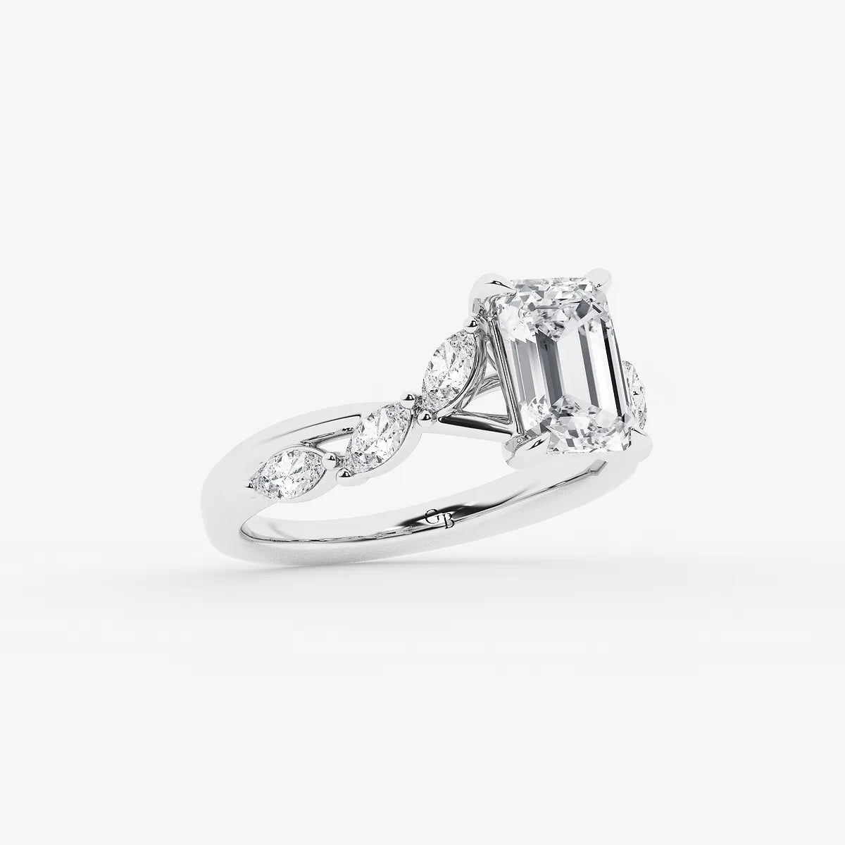 Emerald Cut Solitaire Engagement Ring   Scattered Round Diamond Band
