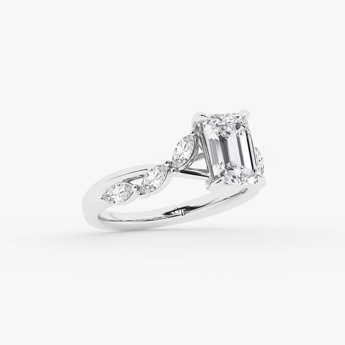 Emerald Cut Solitaire Engagement Ring   Scattered Round Diamond Band
