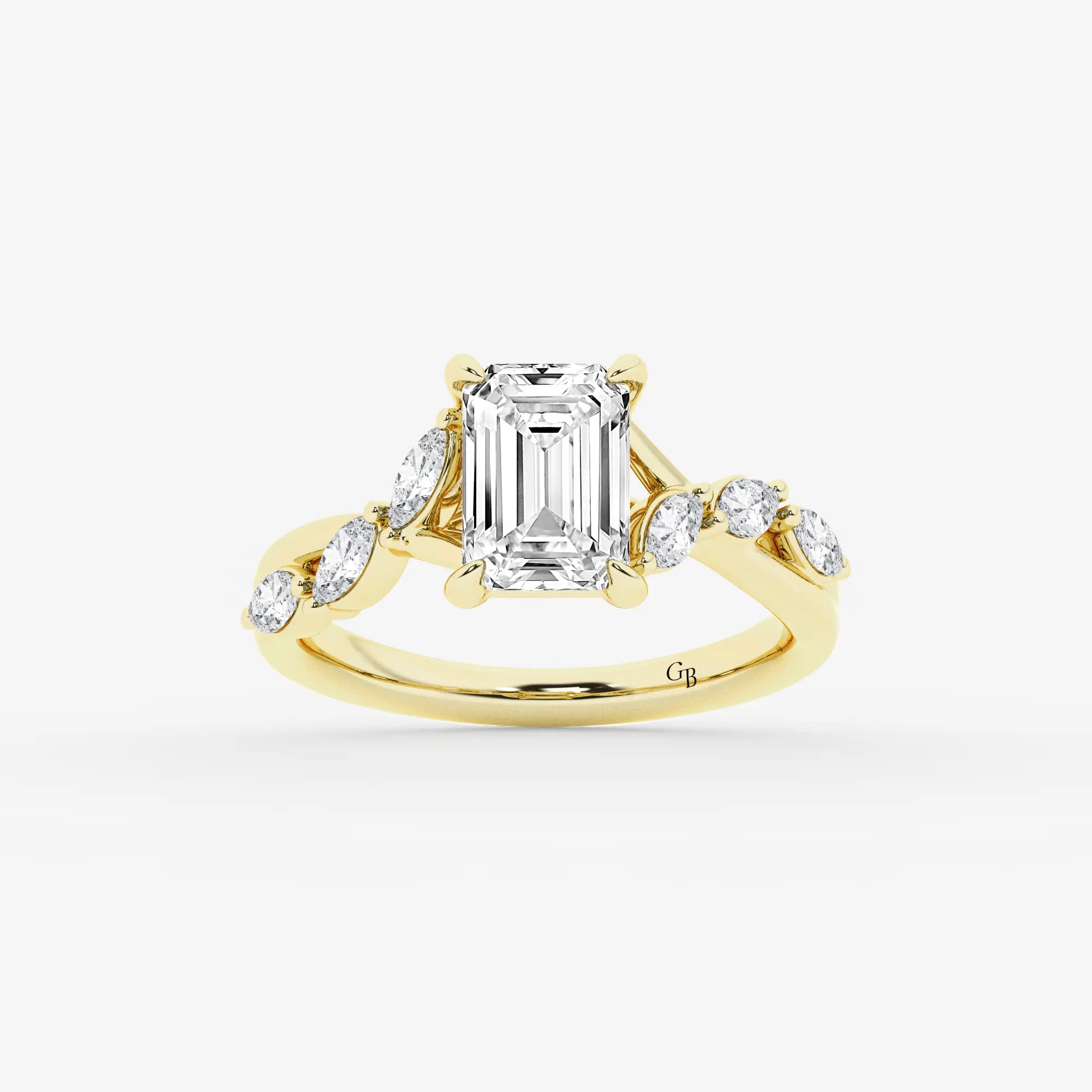 Emerald Cut Solitaire Engagement Ring   Scattered Round Diamond Band