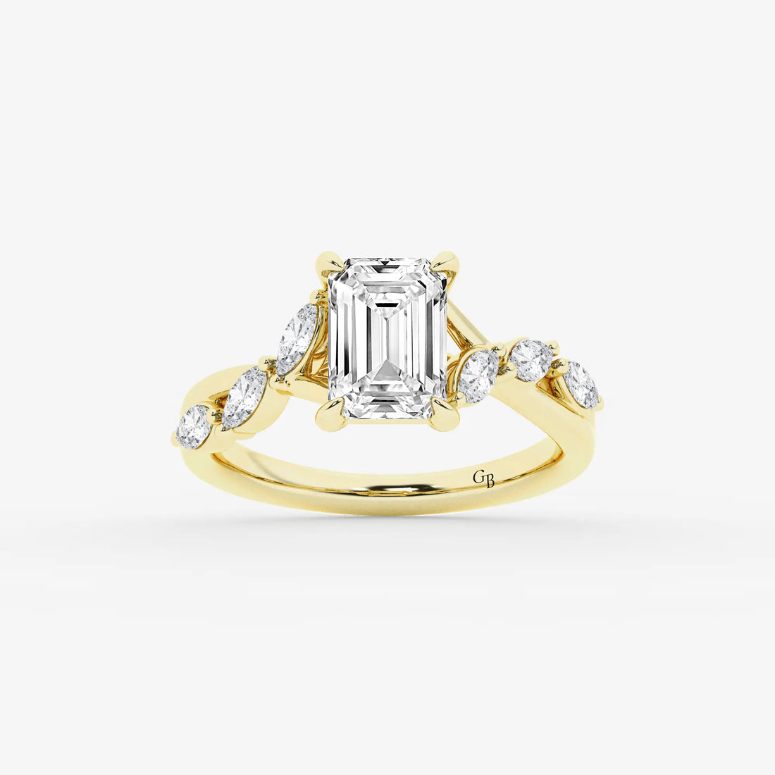 Emerald Cut Solitaire Engagement Ring   Scattered Round Diamond Band