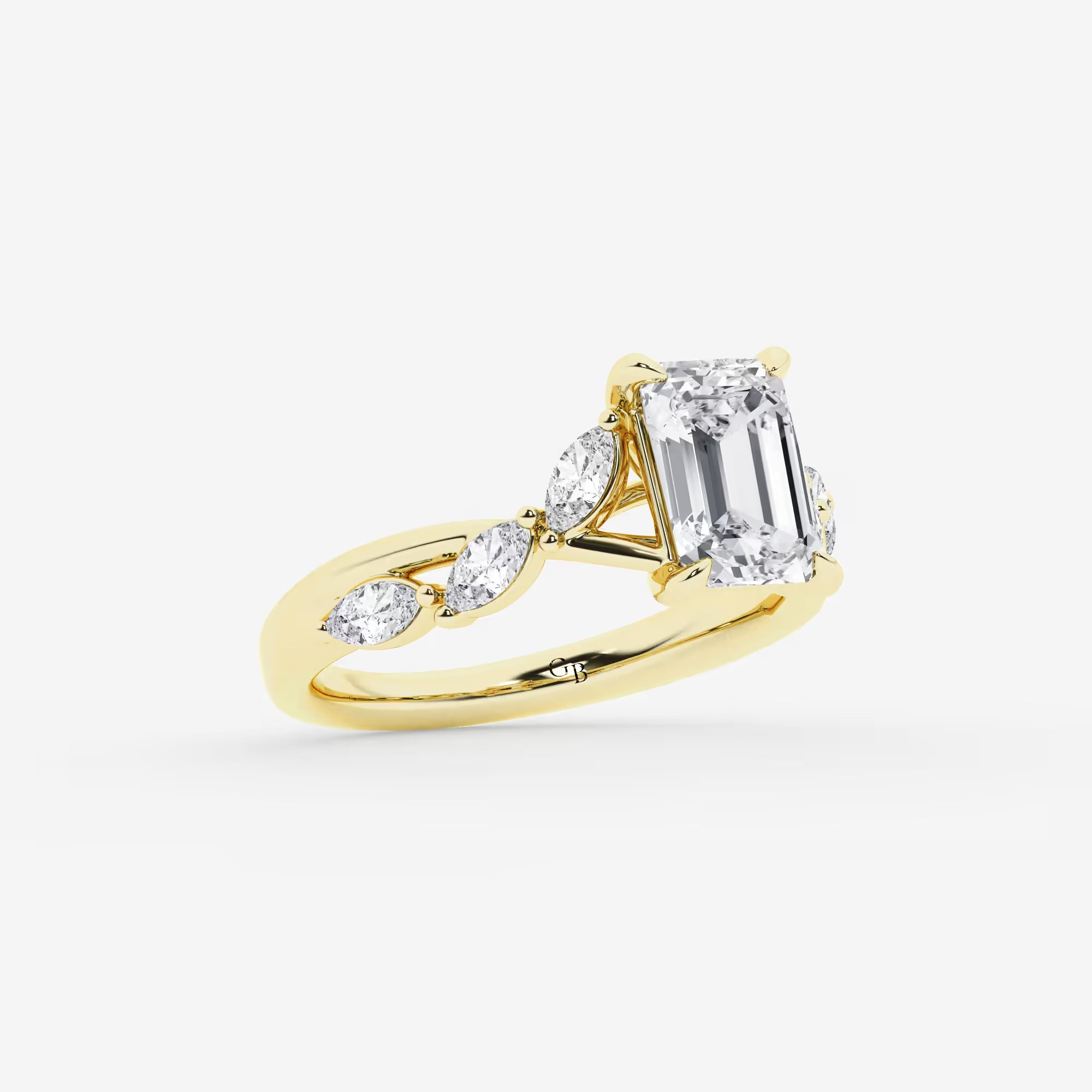 Emerald Cut Solitaire Engagement Ring   Scattered Round Diamond Band