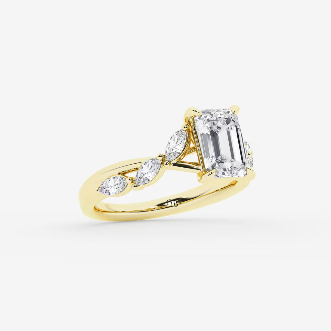 Emerald Cut Solitaire Engagement Ring   Scattered Round Diamond Band