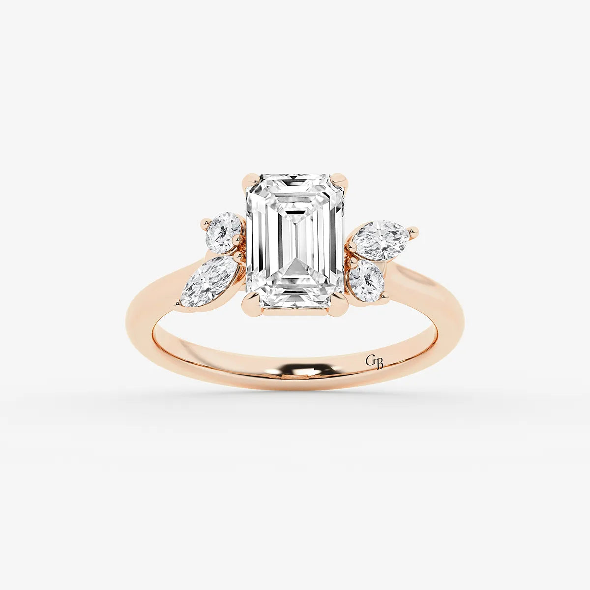 Emerald Cut Engagement Ring   Marquise & Round Diamond Floral Cluster Shoulders
