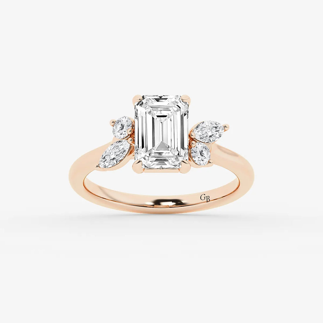 Emerald Cut Engagement Ring   Marquise & Round Diamond Floral Cluster Shoulders