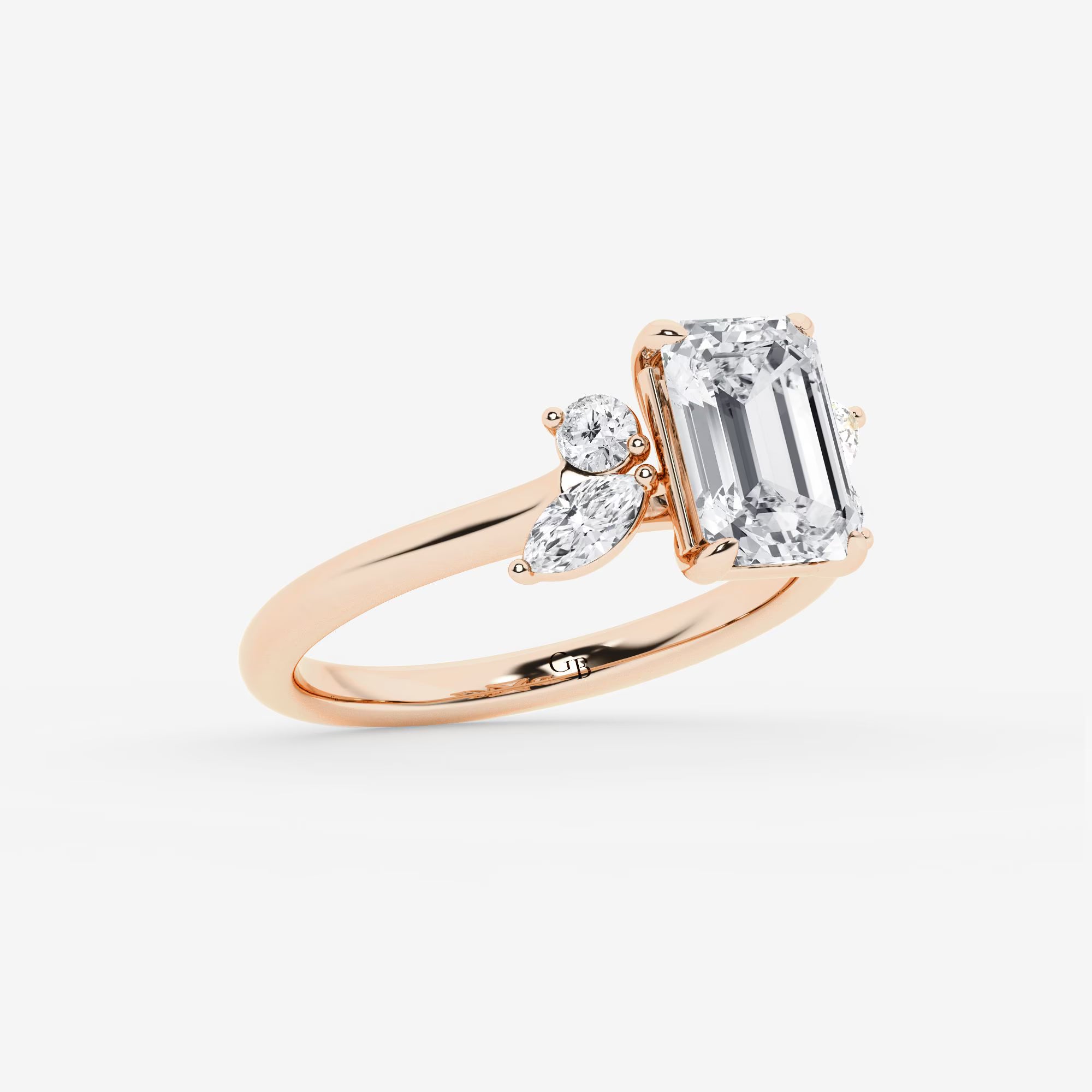 Emerald Cut Engagement Ring   Marquise & Round Diamond Floral Cluster Shoulders