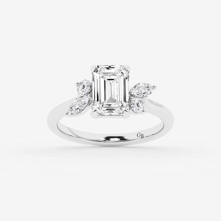 Emerald Cut Engagement Ring   Marquise & Round Diamond Floral Cluster Shoulders