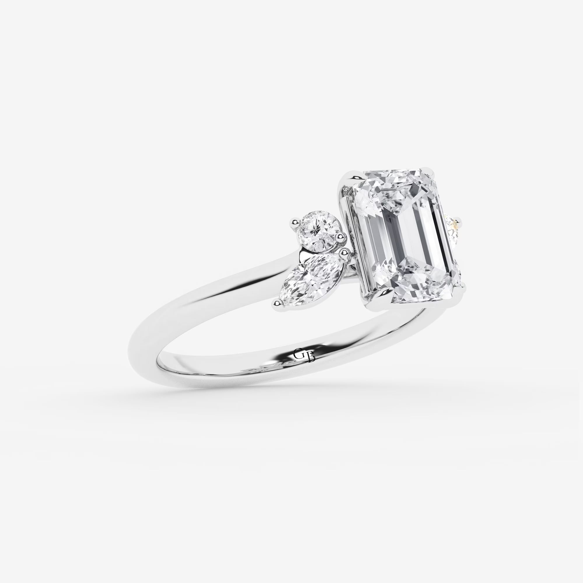 Emerald Cut Engagement Ring   Marquise & Round Diamond Floral Cluster Shoulders