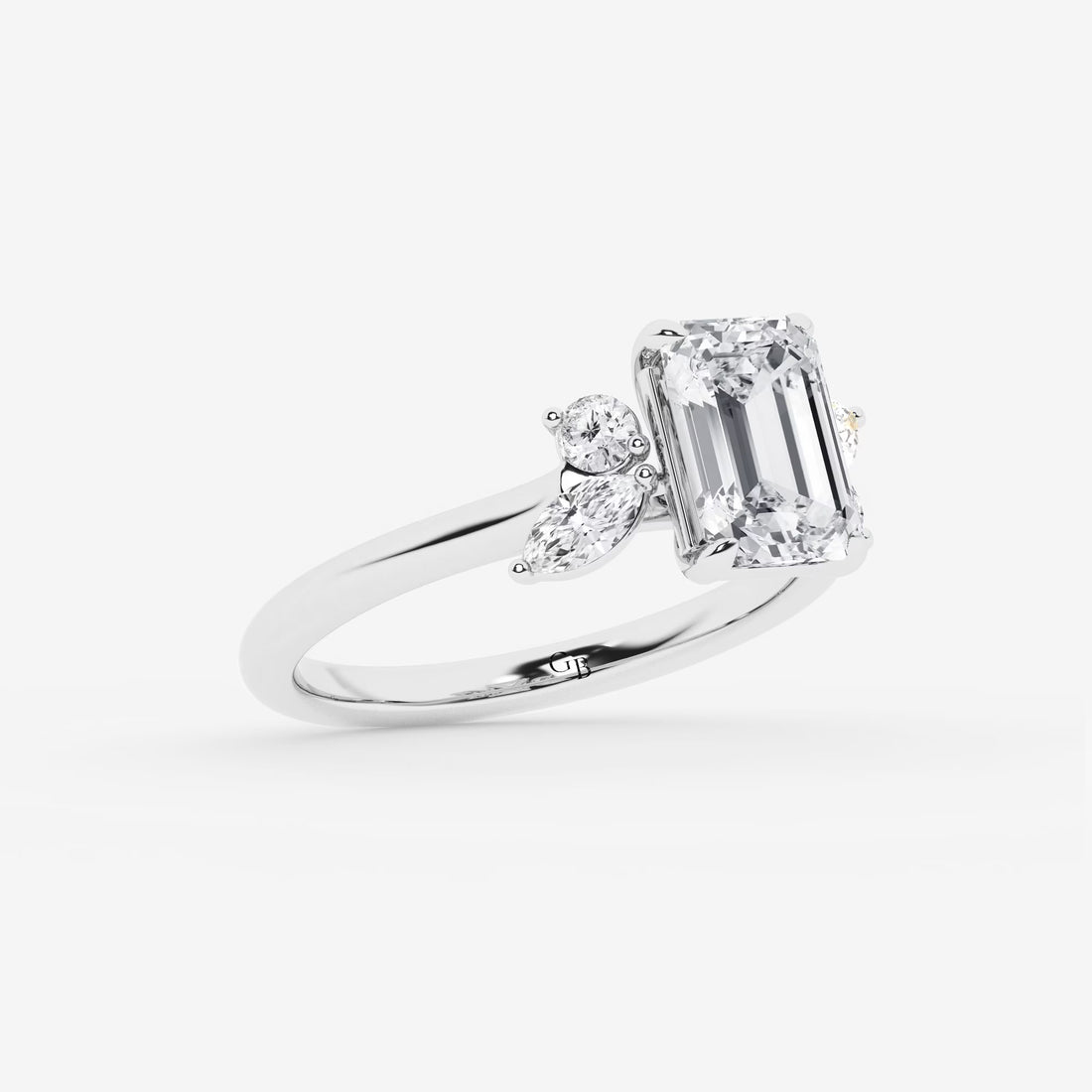 Emerald Cut Engagement Ring   Marquise & Round Diamond Floral Cluster Shoulders