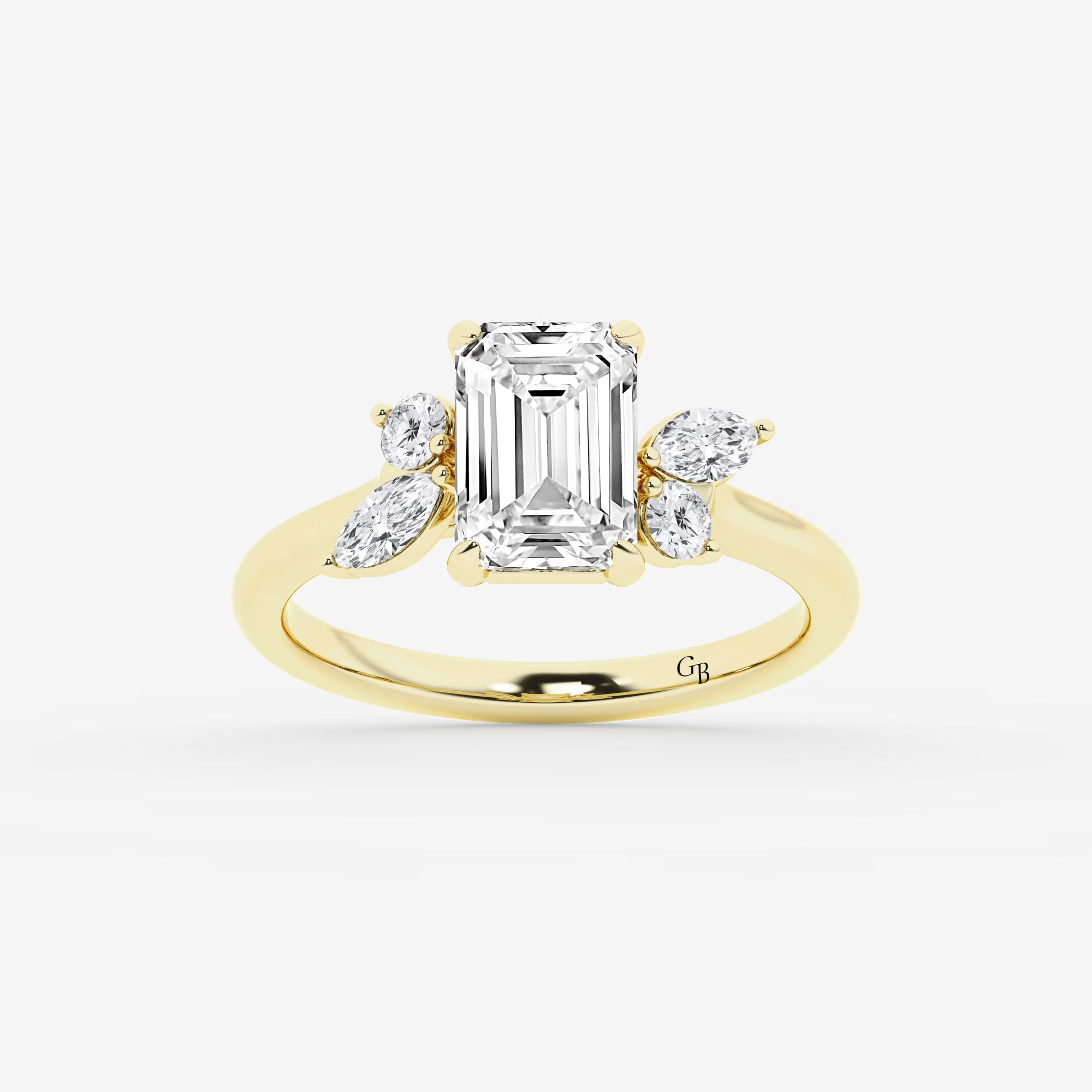 Emerald Cut Engagement Ring   Marquise & Round Diamond Floral Cluster Shoulders