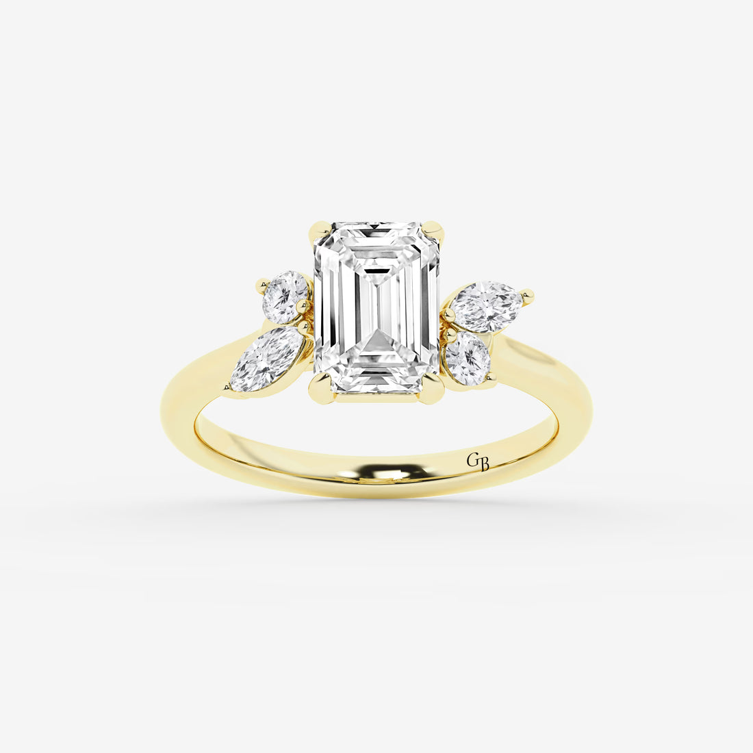 Emerald Cut Engagement Ring   Marquise & Round Diamond Floral Cluster Shoulders