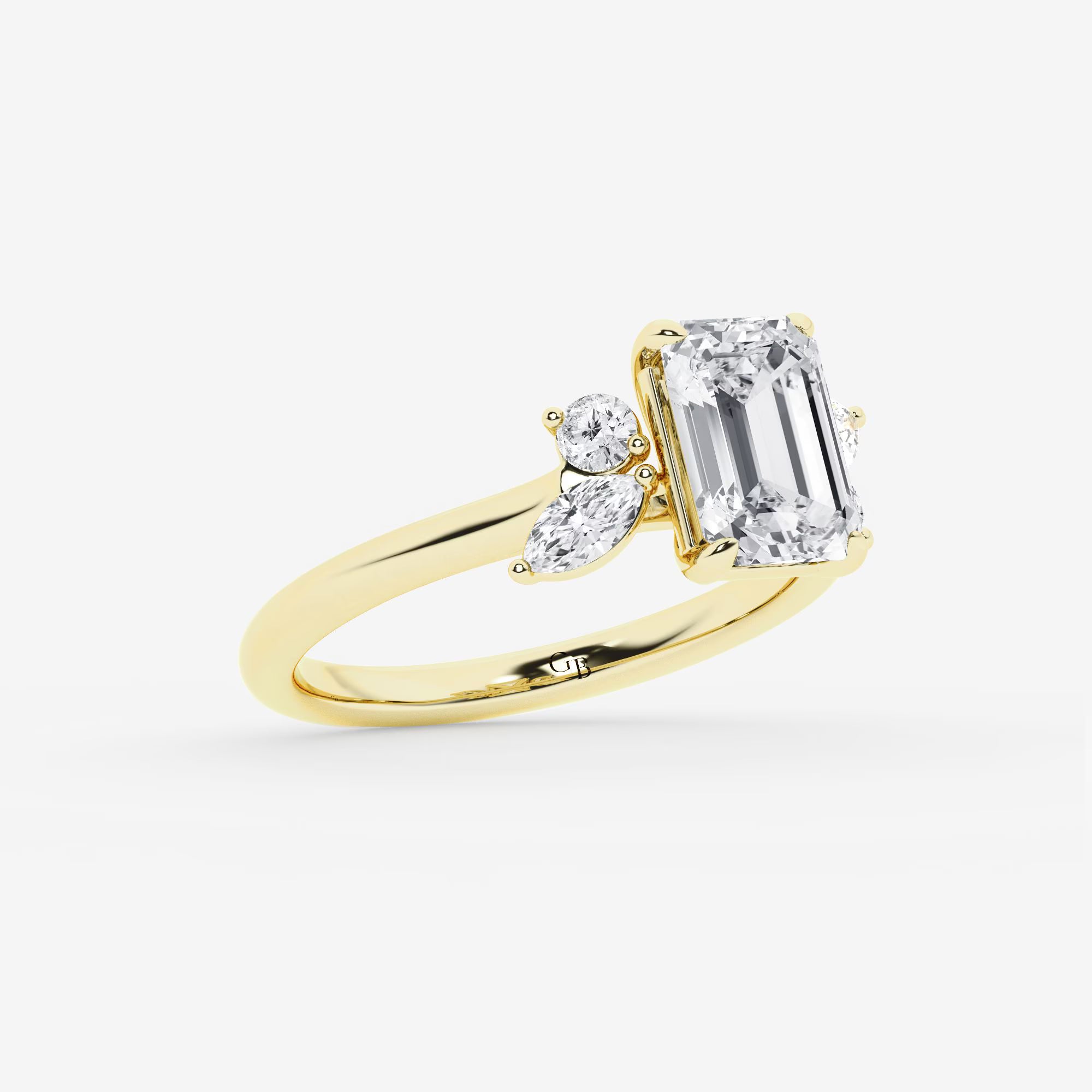 Emerald Cut Engagement Ring   Marquise & Round Diamond Floral Cluster Shoulders