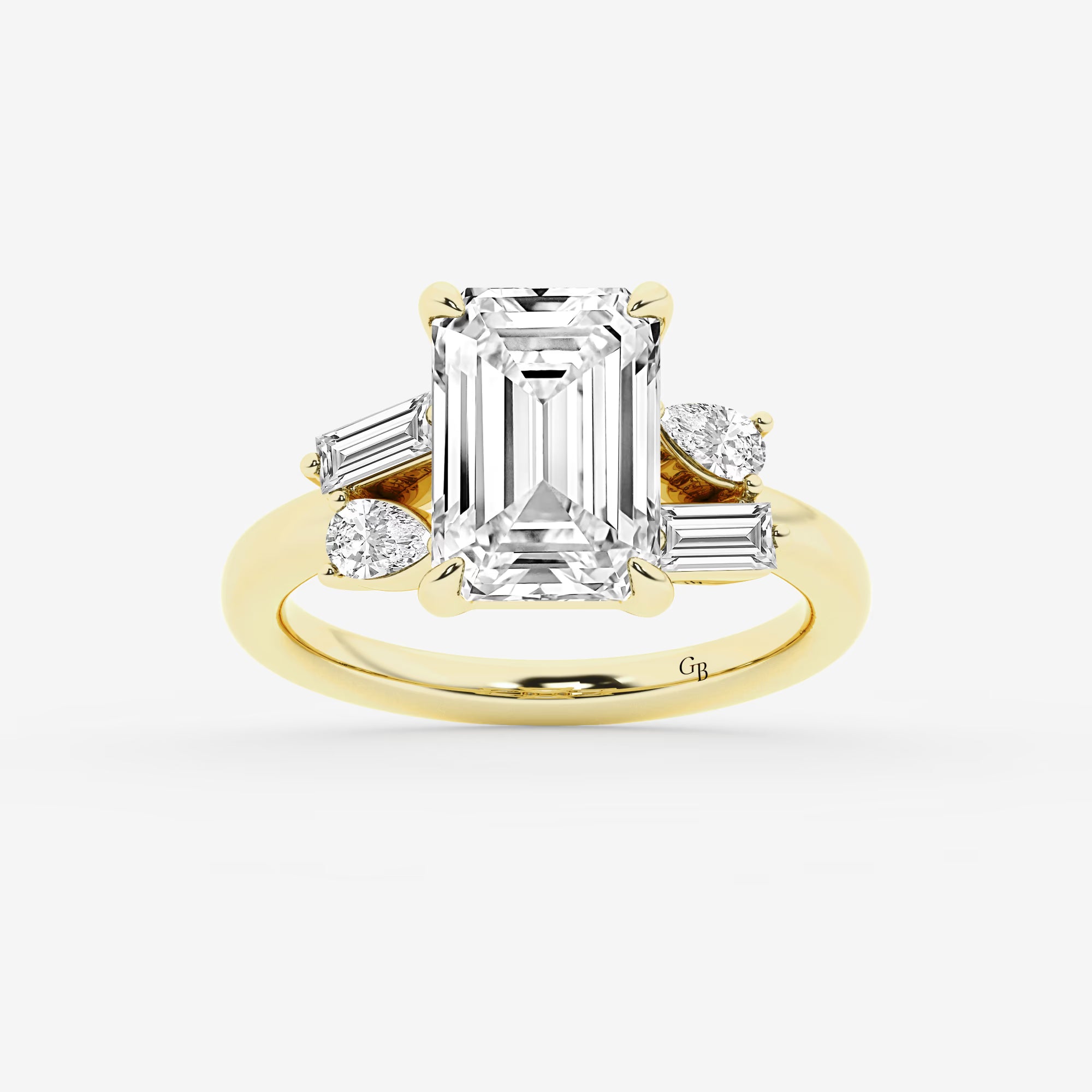 Emerald Cut Ring with Asymmetric Baguette & Pear Diamond Cluster Shoulders