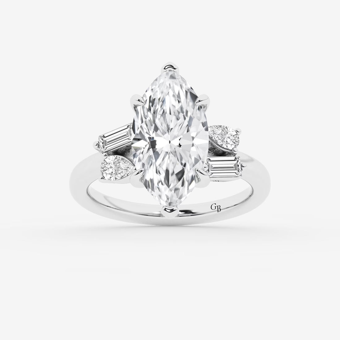 Zaviera Marquise Lab-Grown Diamond Engagement Ring with Pear & Baguette Side Stones
