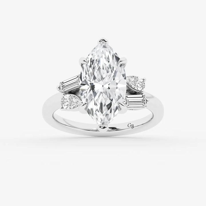 Zaviera Marquise Lab-Grown Diamond Engagement Ring with Pear & Baguette Side Stones