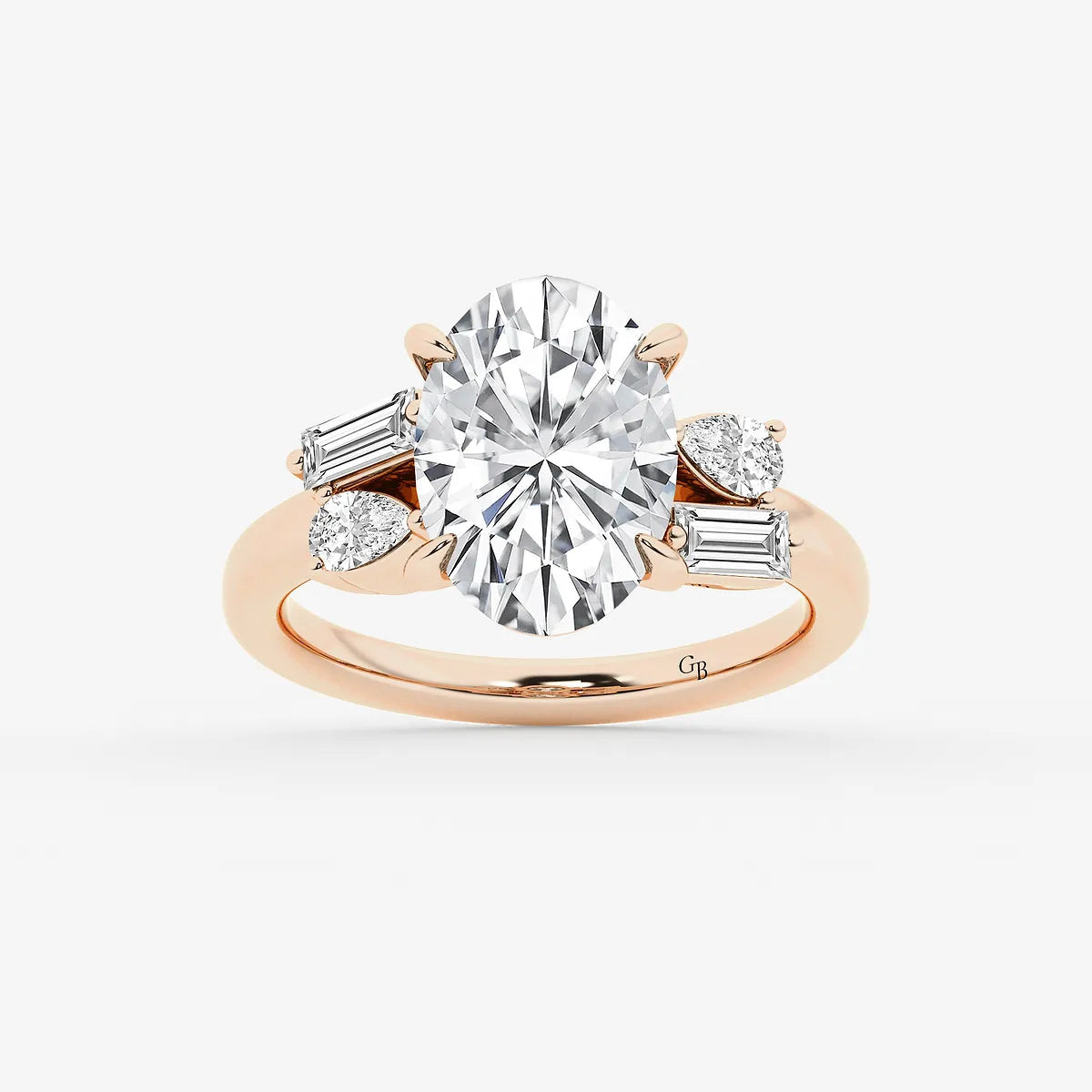 Elegant Oval Cut Lab-Grown Diamond Engagement Ring with Pear & Baguette Side Accents