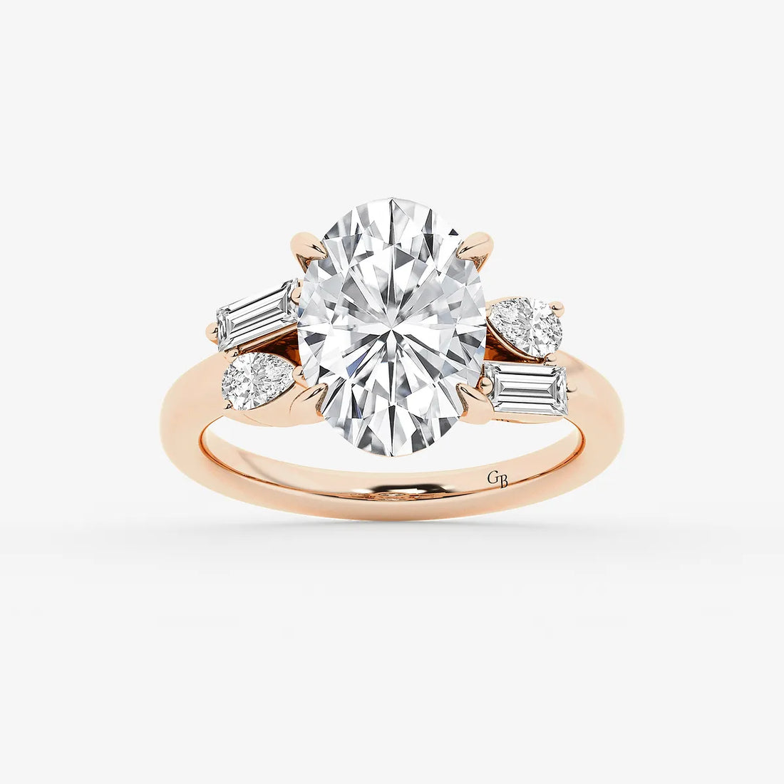 Elegant Oval Cut Lab-Grown Diamond Engagement Ring with Pear & Baguette Side Accents