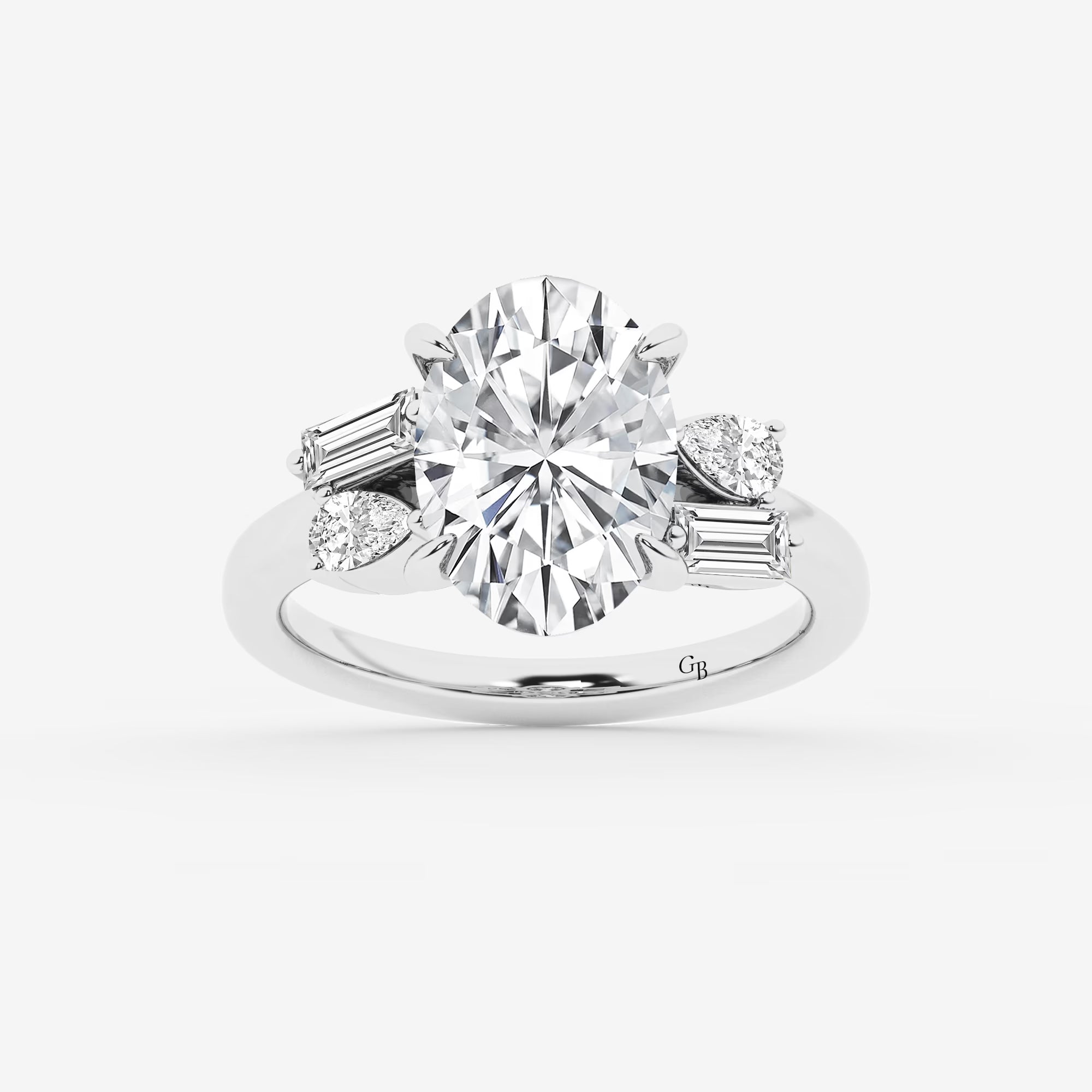 Elegant Oval Cut Lab-Grown Diamond Engagement Ring with Pear & Baguette Side Accents
