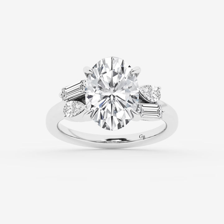 Elegant Oval Cut Lab-Grown Diamond Engagement Ring with Pear & Baguette Side Accents