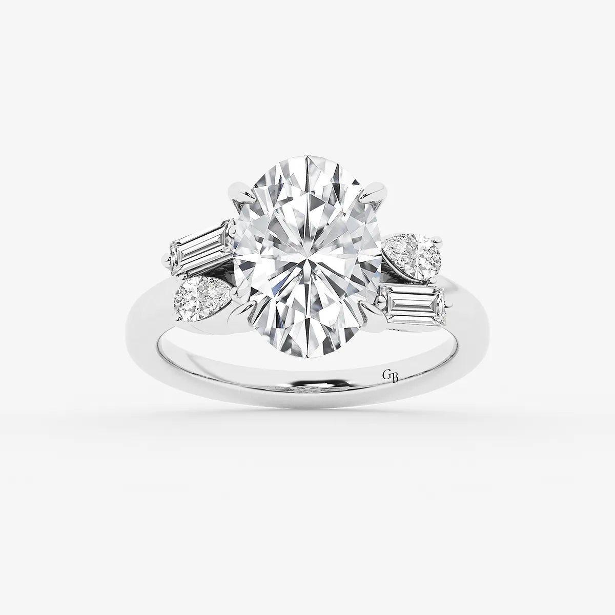 Elegant Oval Cut Lab-Grown Diamond Engagement Ring with Pear & Baguette Side Accents