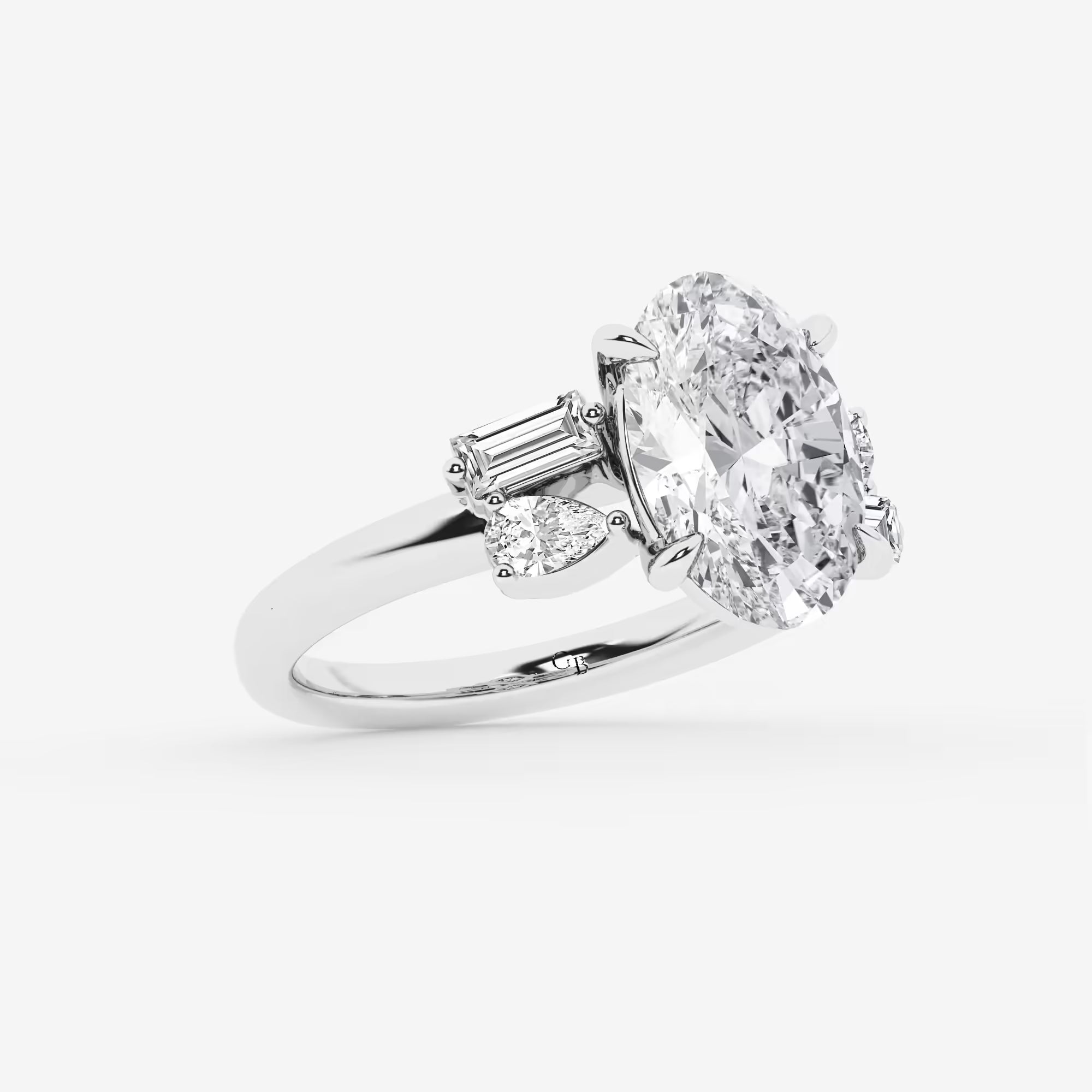 Elegant Oval Cut Lab-Grown Diamond Engagement Ring with Pear & Baguette Side Accents
