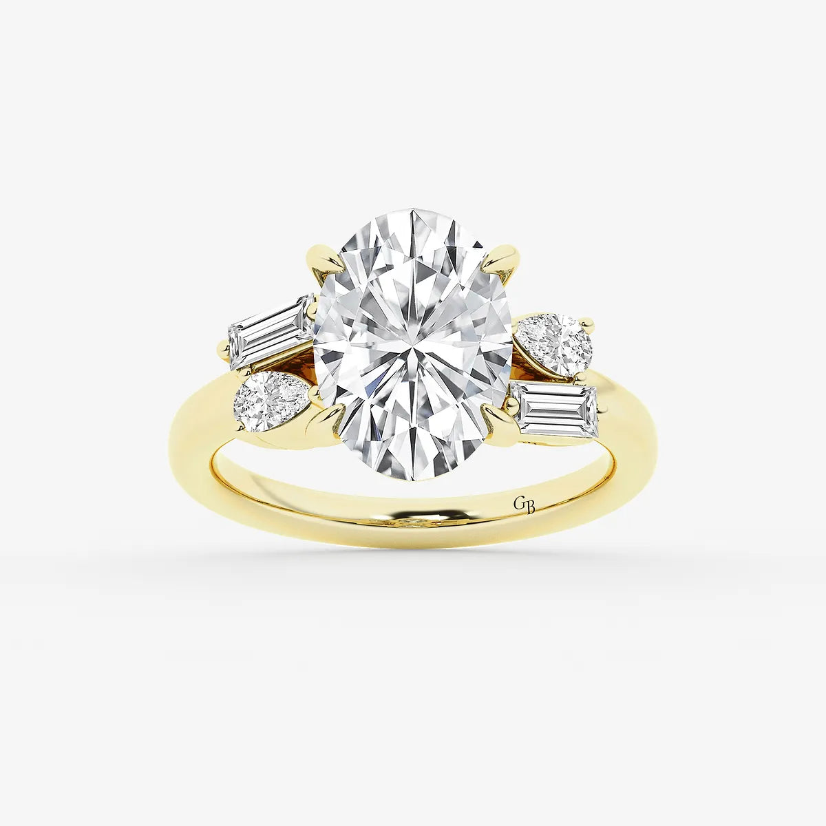 Elegant Oval Cut Lab-Grown Diamond Engagement Ring with Pear & Baguette Side Accents