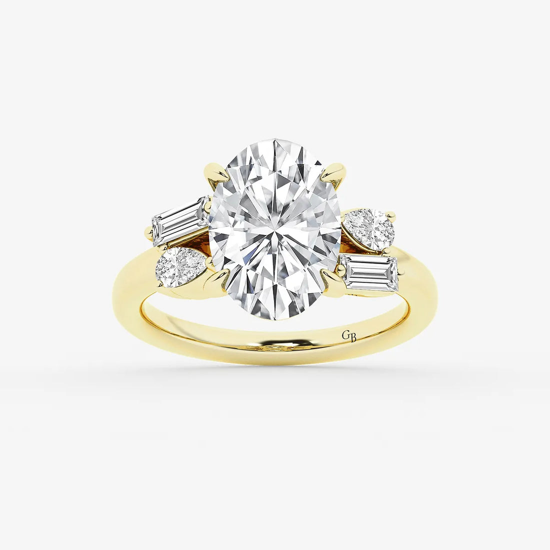 Elegant Oval Cut Lab-Grown Diamond Engagement Ring with Pear & Baguette Side Accents