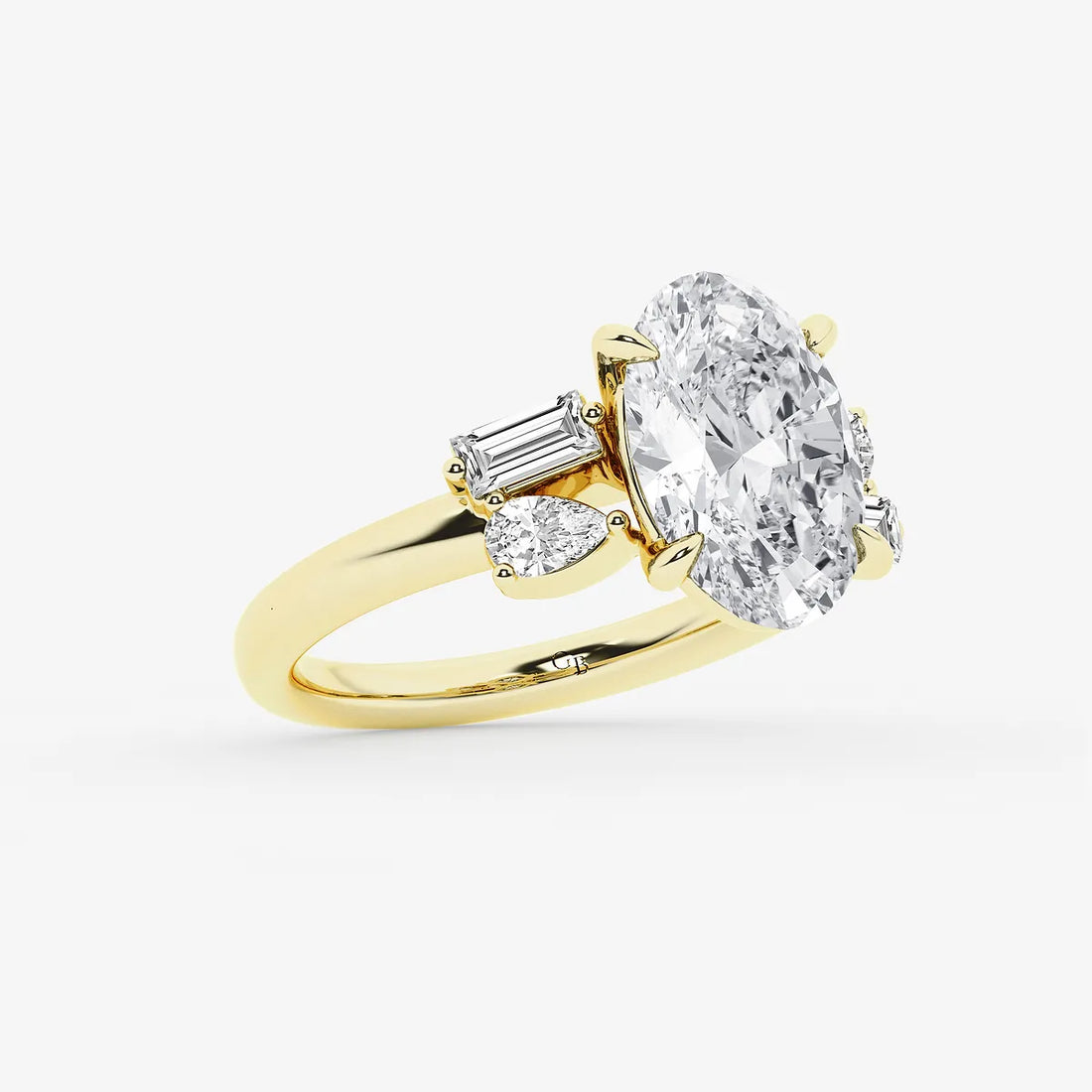 Elegant Oval Cut Lab-Grown Diamond Engagement Ring with Pear & Baguette Side Accents