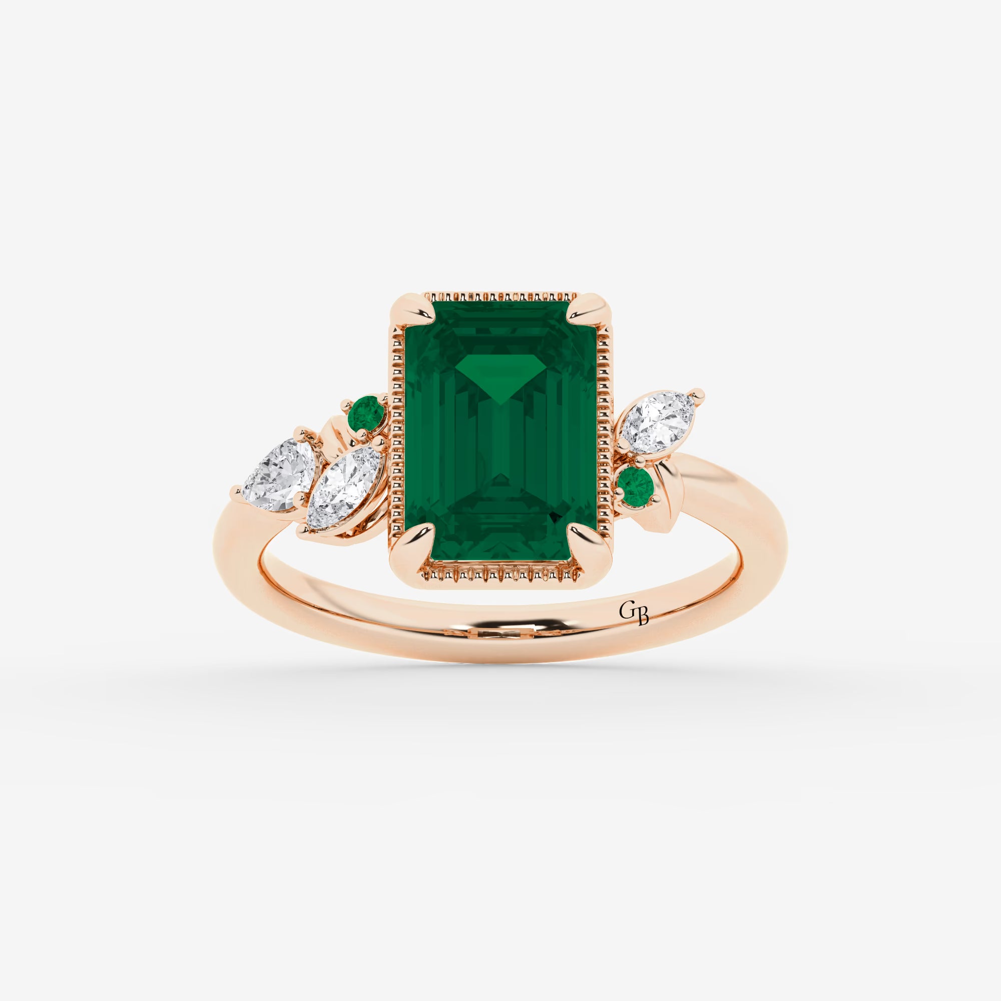 Emerald Cut Green Emerald Ring with Milgrain Bezel & Diamond Cluster Shoulders
