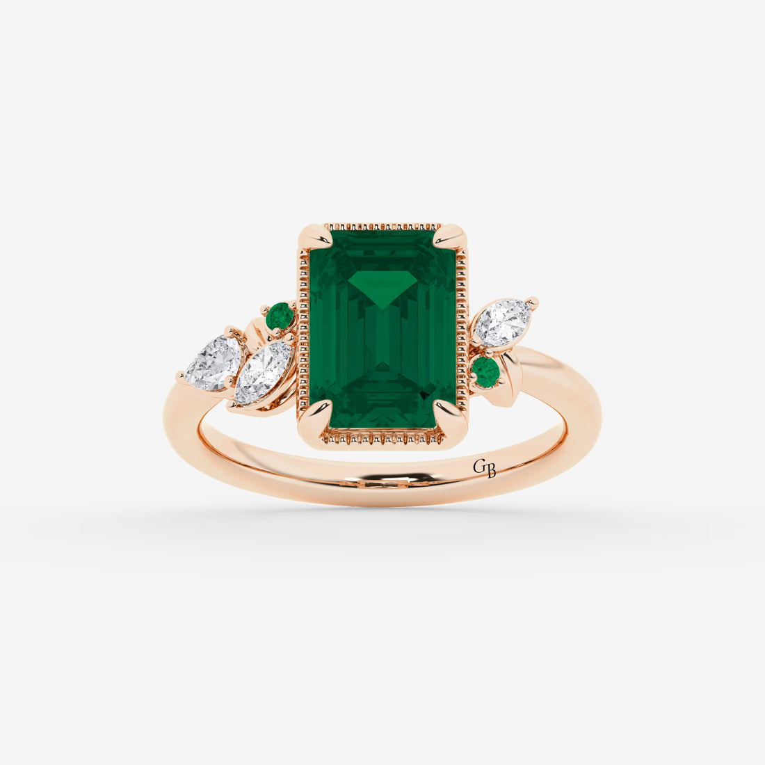 Emerald Cut Green Emerald Ring with Milgrain Bezel & Diamond Cluster Shoulders