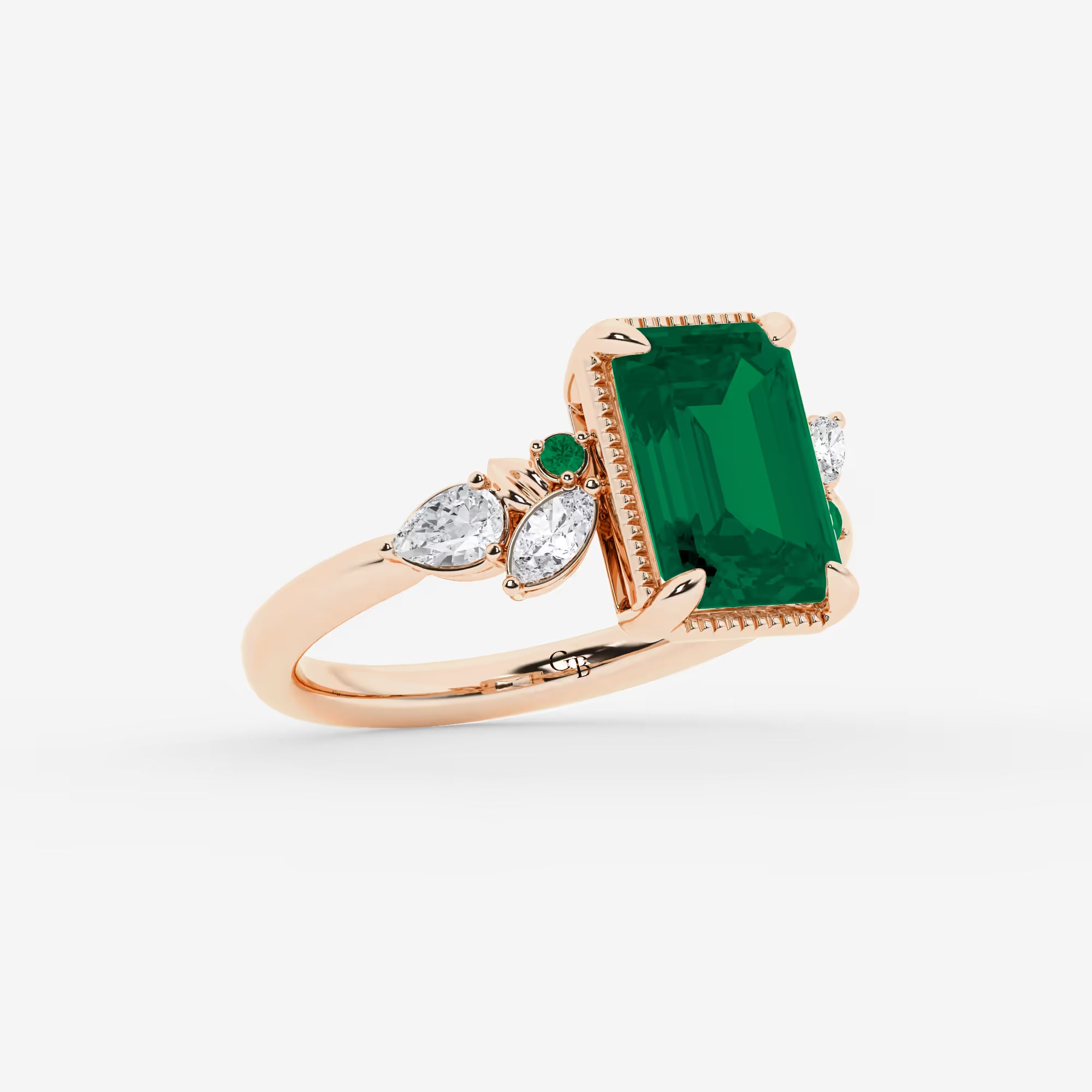 Emerald Cut Green Emerald Ring with Milgrain Bezel & Diamond Cluster Shoulders