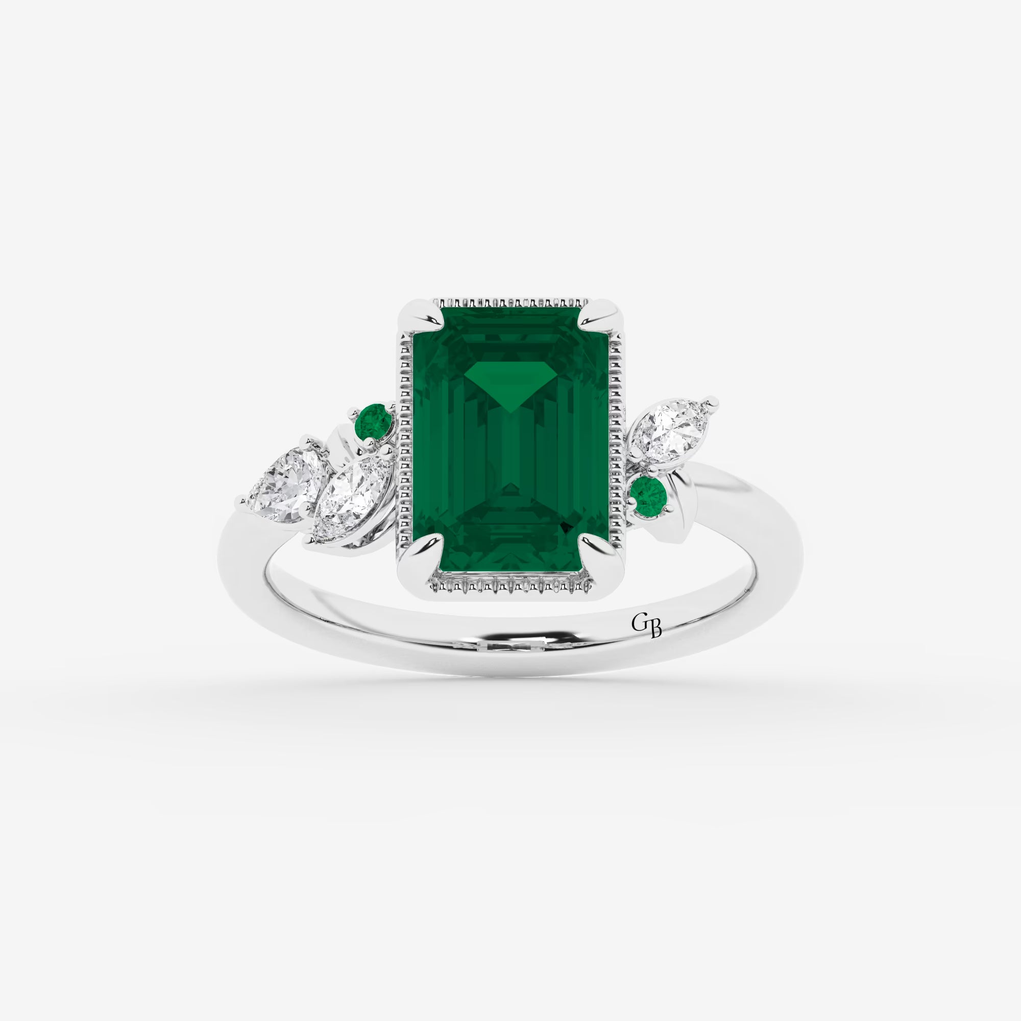 Emerald Cut Green Emerald Ring with Milgrain Bezel & Diamond Cluster Shoulders