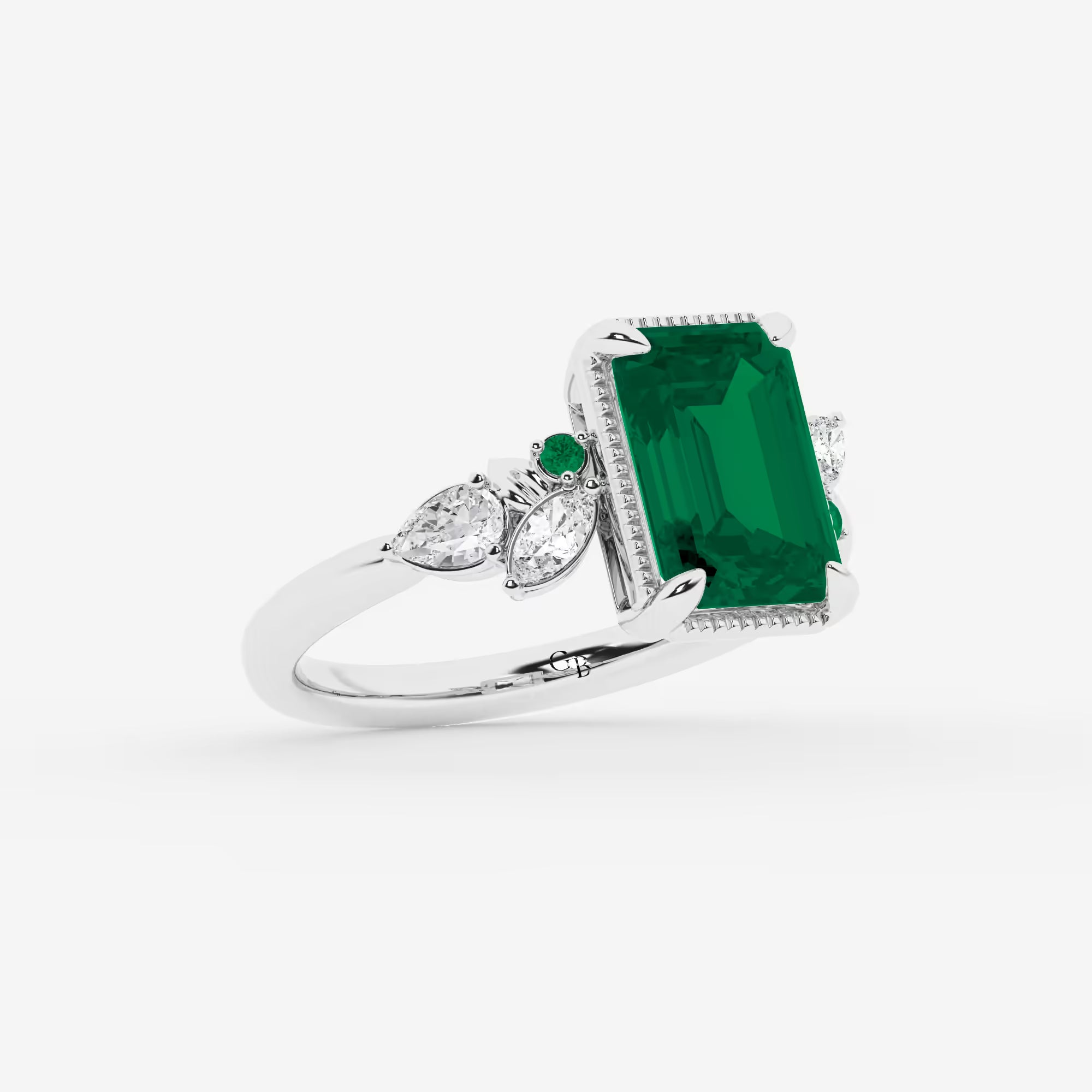 Emerald Cut Green Emerald Ring with Milgrain Bezel & Diamond Cluster Shoulders