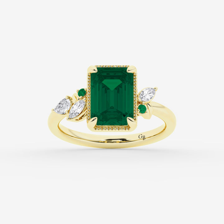 Emerald Cut Green Emerald Ring with Milgrain Bezel & Diamond Cluster Shoulders