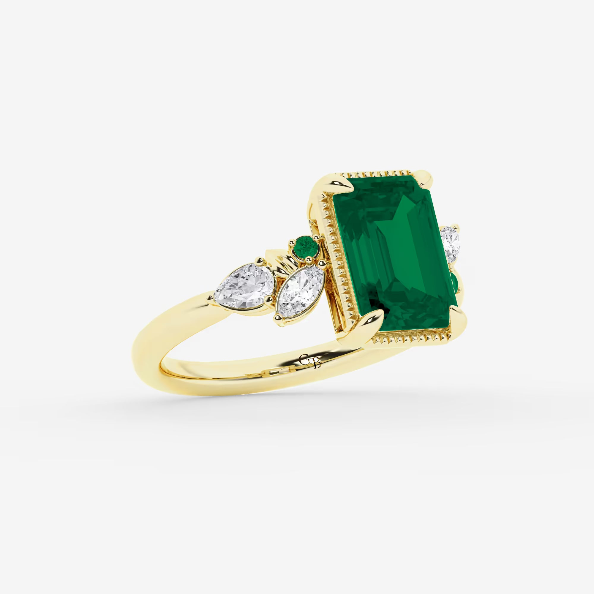 Emerald Cut Green Emerald Ring with Milgrain Bezel & Diamond Cluster Shoulders