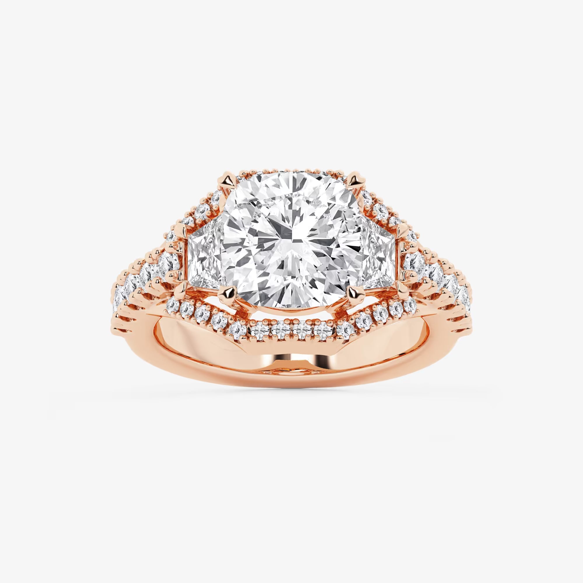 Cushion Lab-Grown Diamond Engagement Ring with Trapezoid & Round Side Accents