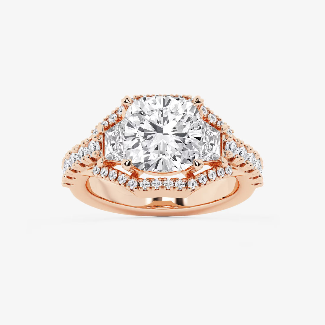 Cushion Lab-Grown Diamond Engagement Ring with Trapezoid & Round Side Accents