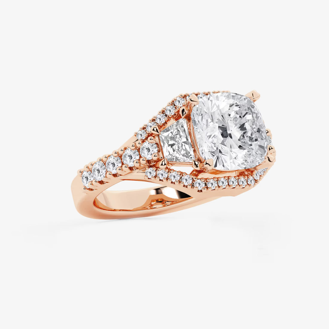 Cushion Lab-Grown Diamond Engagement Ring with Trapezoid & Round Side Accents