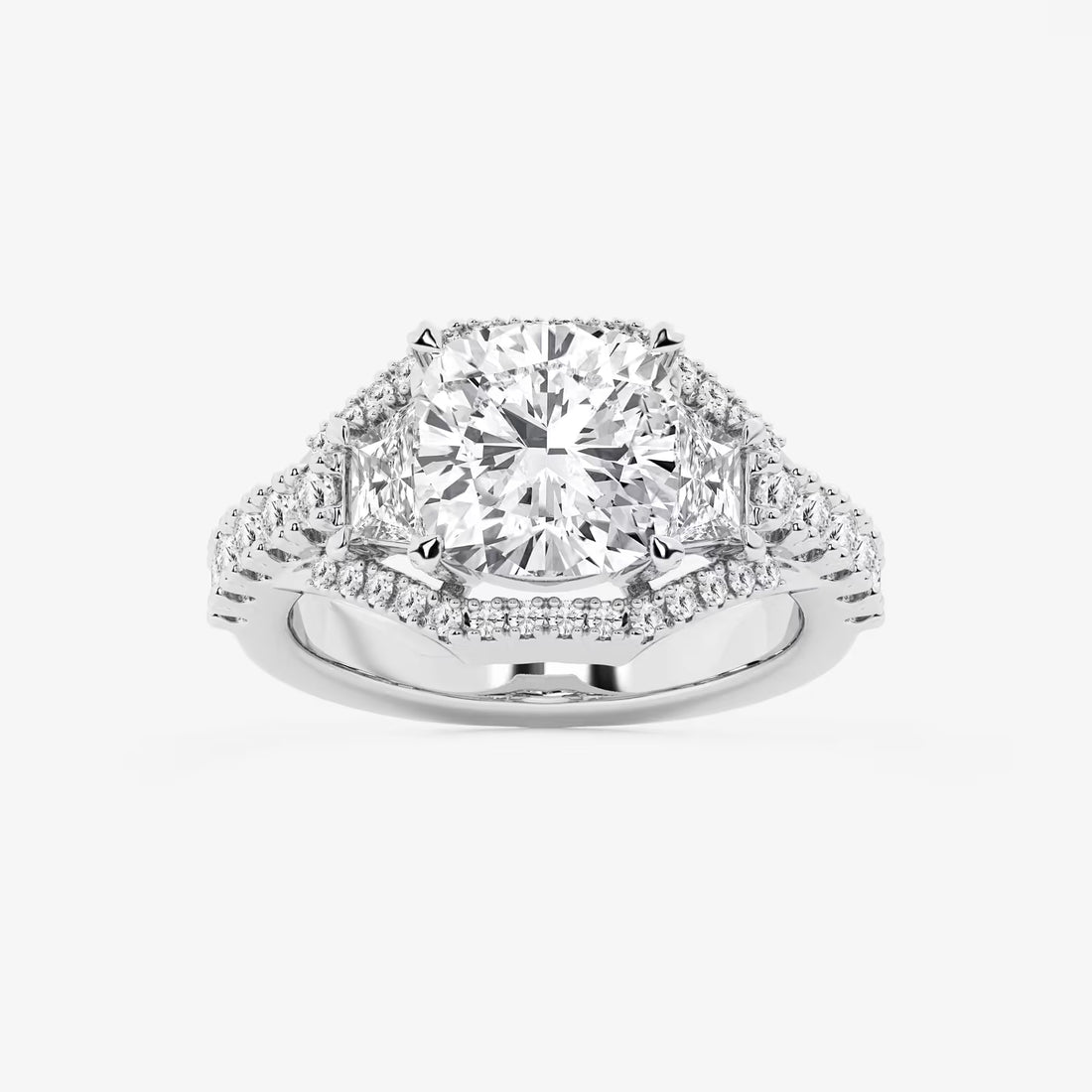 Cushion Lab-Grown Diamond Engagement Ring with Trapezoid & Round Side Accents