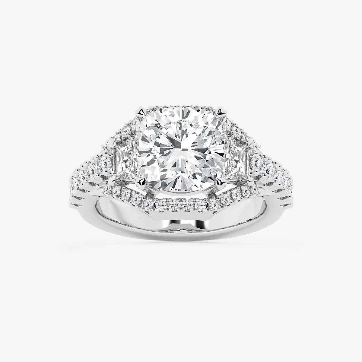 Cushion Lab-Grown Diamond Engagement Ring with Trapezoid & Round Side Accents