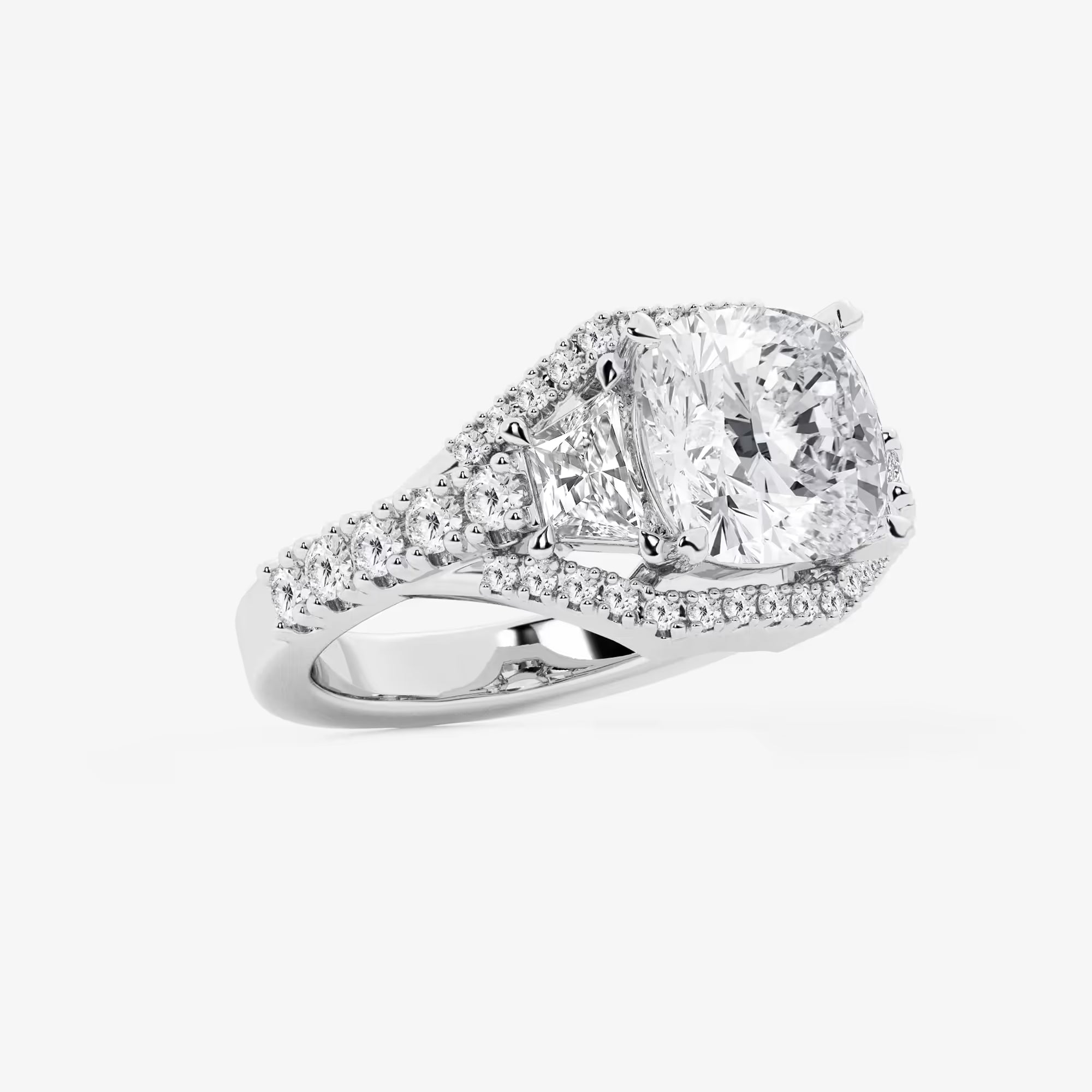Cushion Lab-Grown Diamond Engagement Ring with Trapezoid & Round Side Accents
