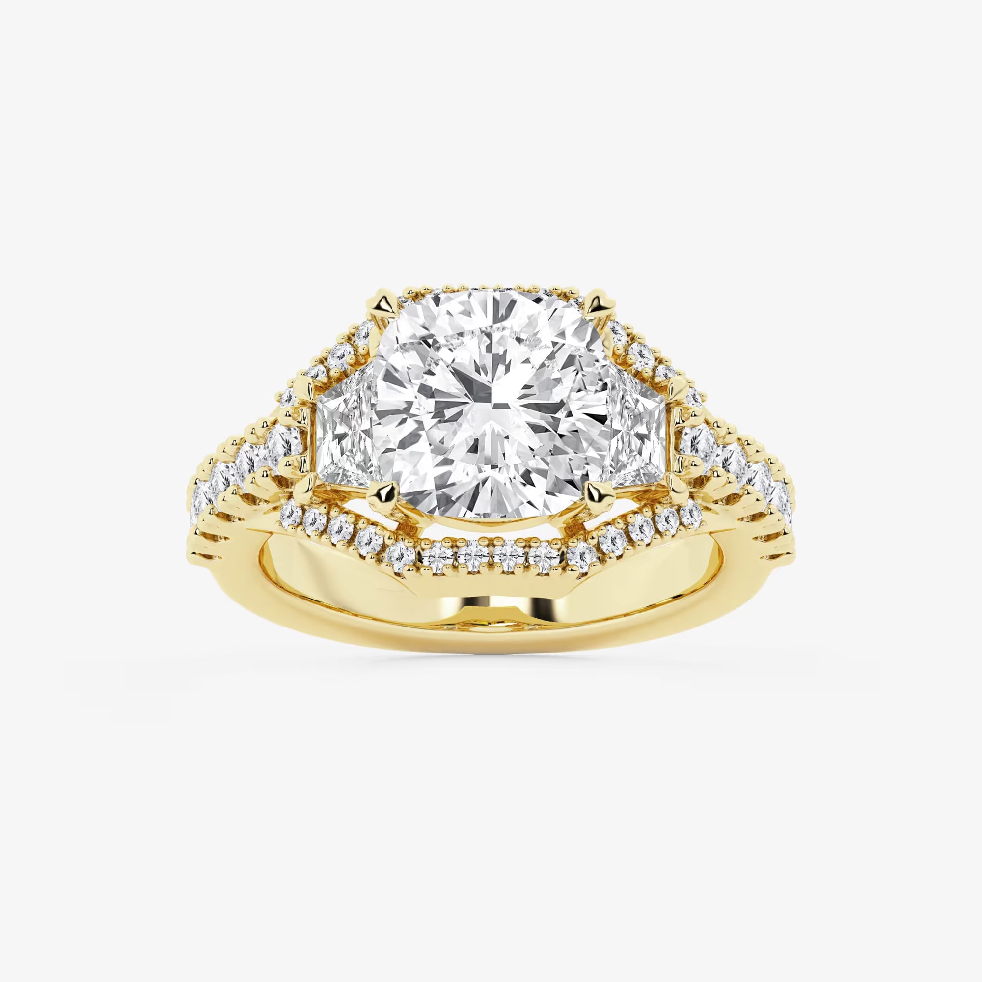Cushion Lab-Grown Diamond Engagement Ring with Trapezoid & Round Side Accents