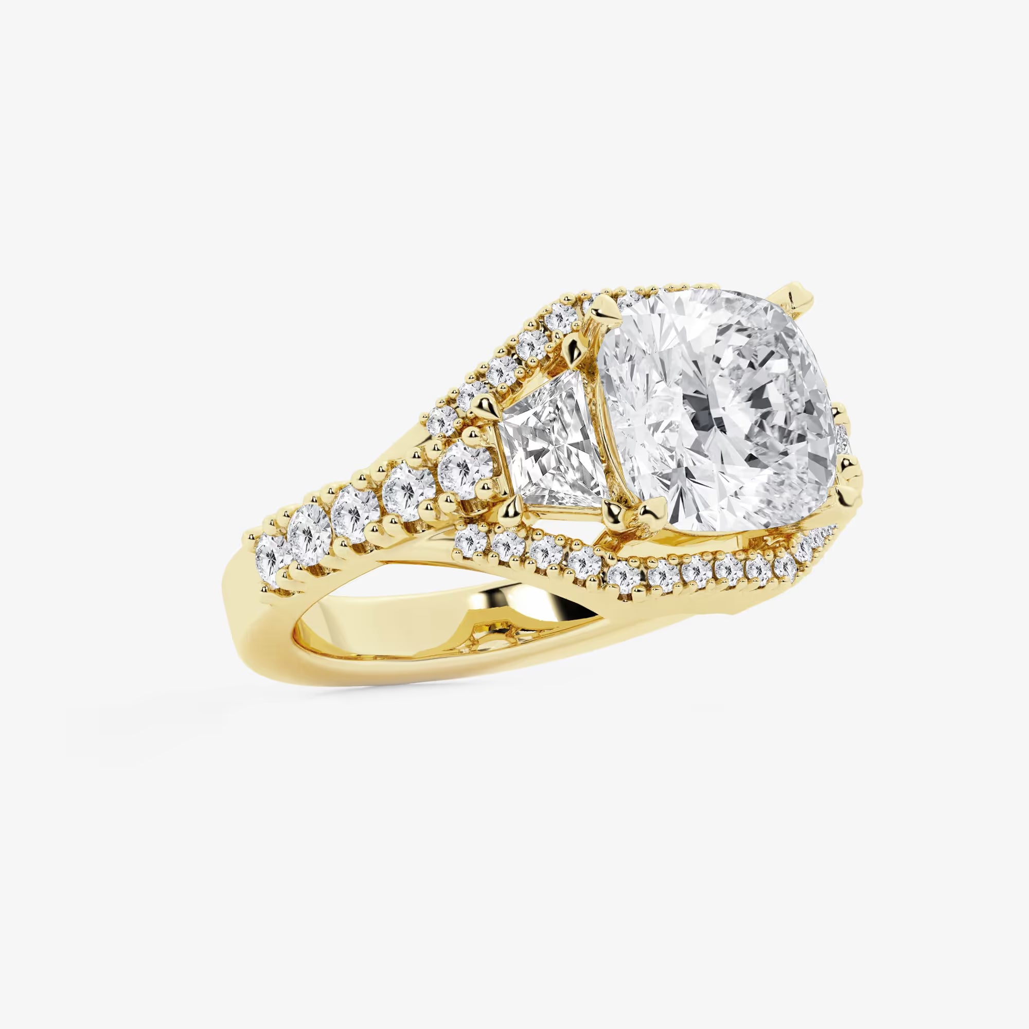 Cushion Lab-Grown Diamond Engagement Ring with Trapezoid & Round Side Accents