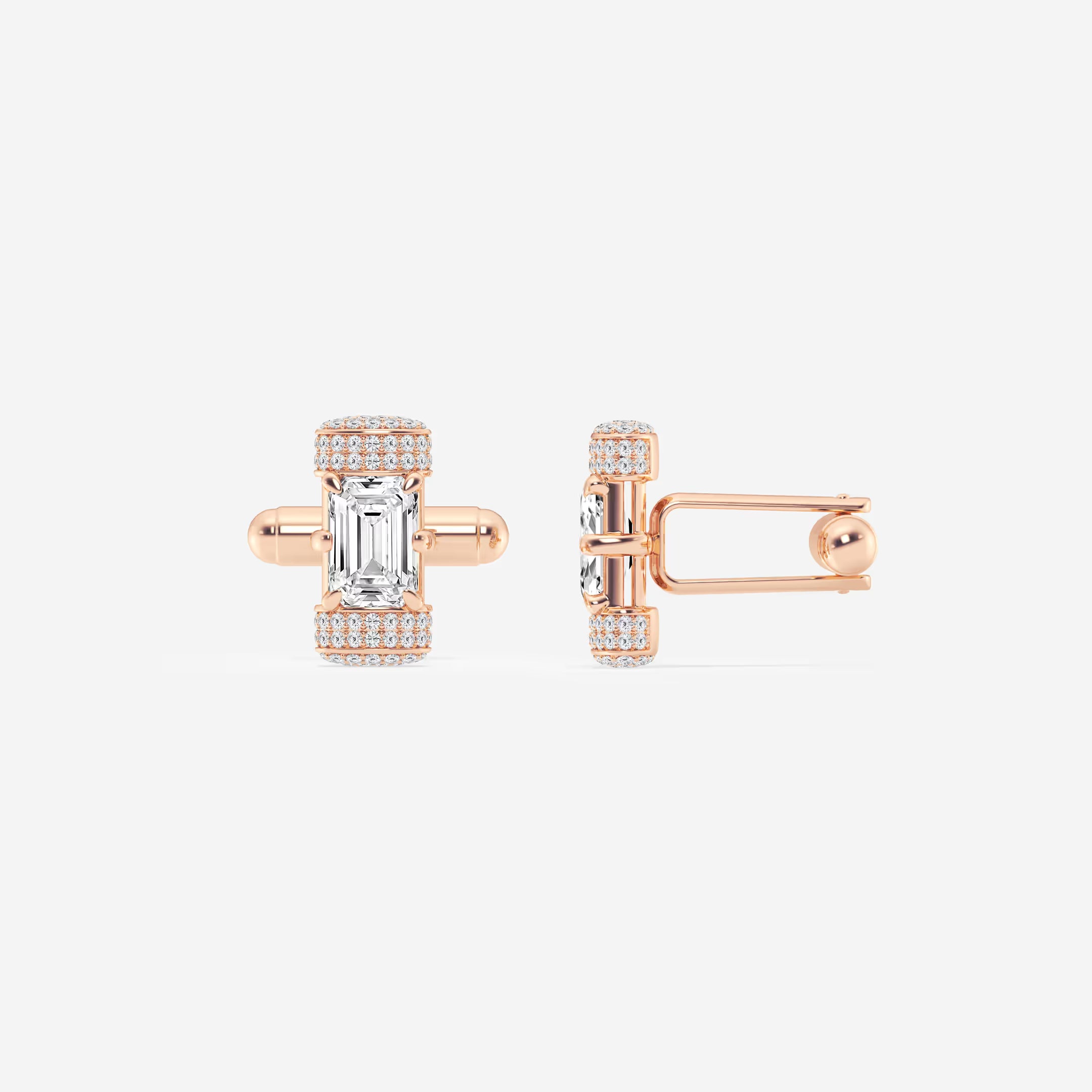 Luxury Emerald Cut Lab Grown Diamond Cufflinks with Round Pave Accents in Solid Gold