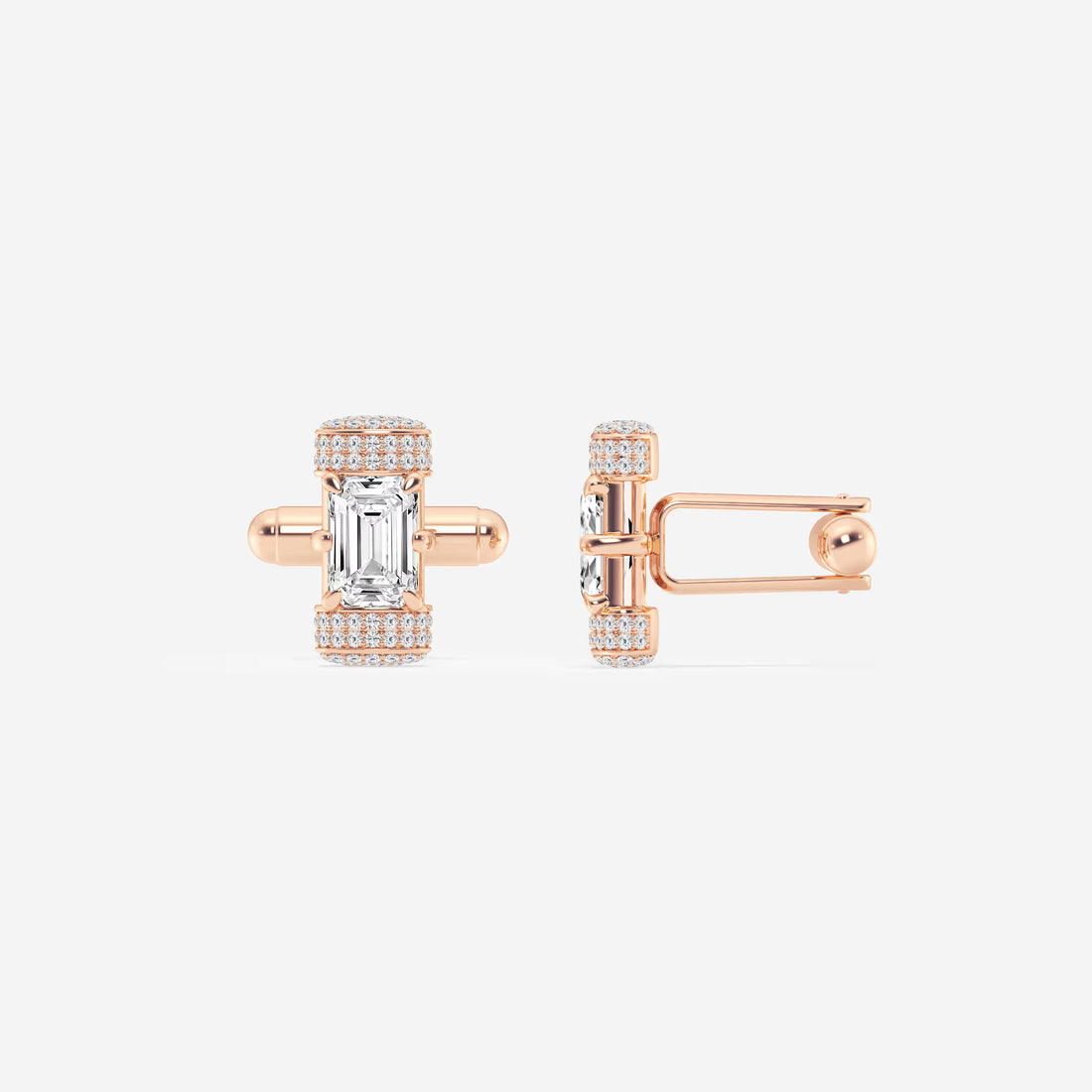 Luxury Emerald Cut Lab Grown Diamond Cufflinks with Round Pave Accents in Solid Gold