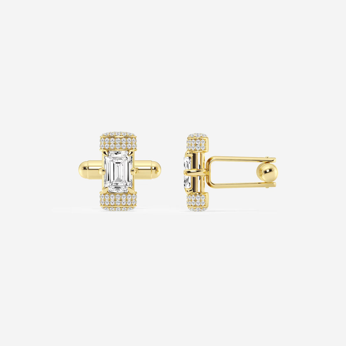 Luxury Emerald Cut Lab Grown Diamond Cufflinks with Round Pave Accents in Solid Gold