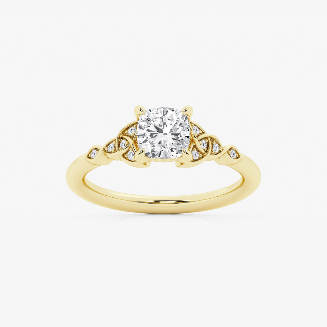 Cushion Cut Lab Grown Diamond Celtic Knot Side Stone Engagement Ring