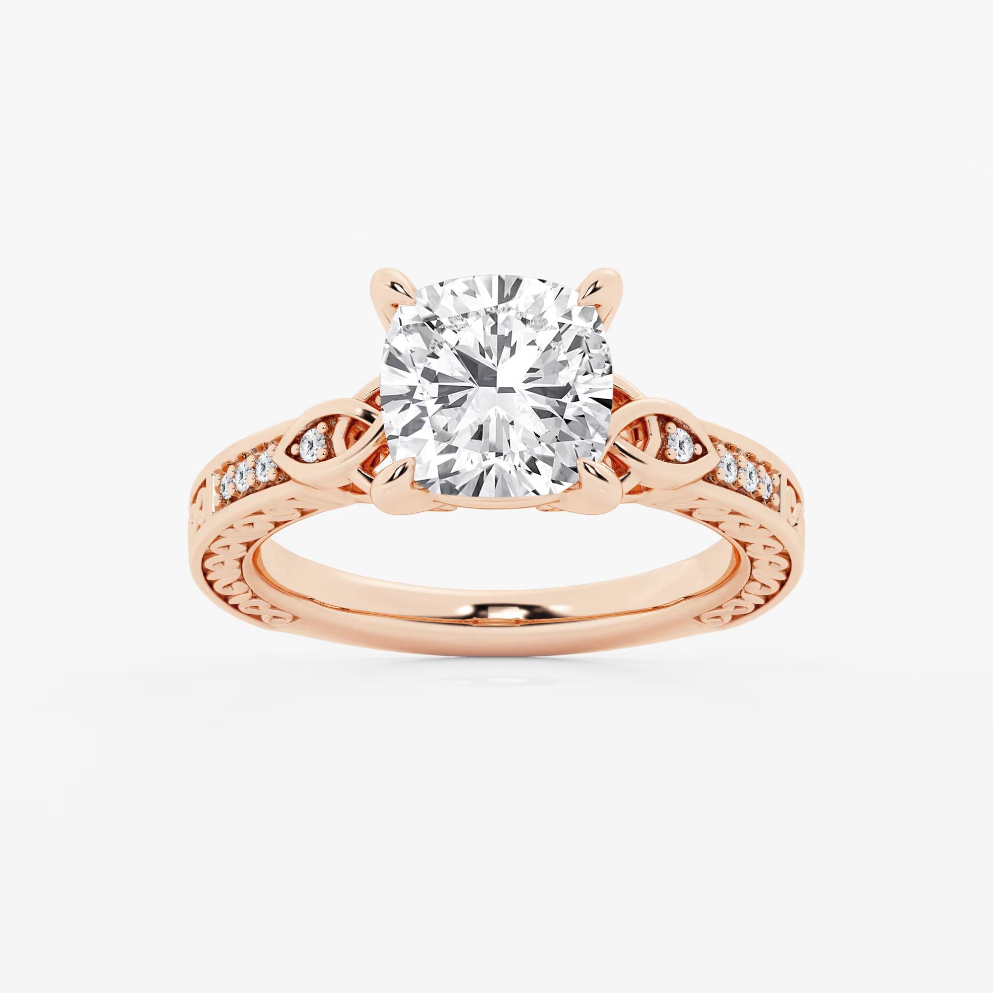 Cushion Lab Grown Diamond Vintage Inspired Celtic Side Stone Engagement Ring