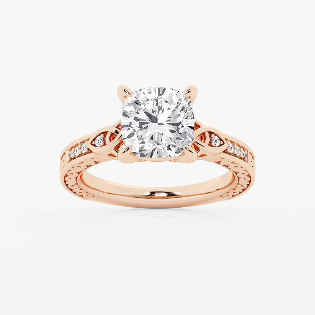 Cushion Lab Grown Diamond Vintage Inspired Celtic Side Stone Engagement Ring
