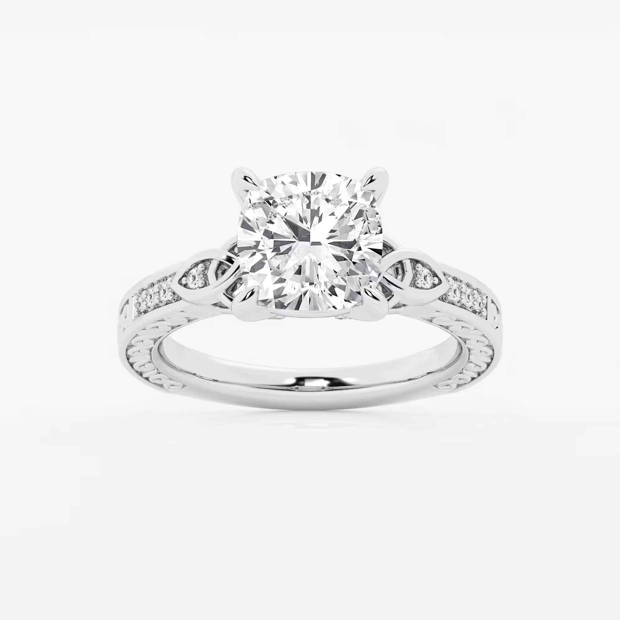 Cushion Lab Grown Diamond Vintage Inspired Celtic Side Stone Engagement Ring